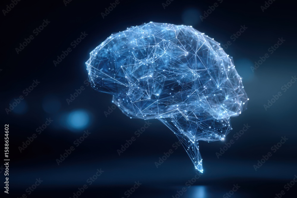 Poster a futuristic wireframe illustration of a brain with a network of connected lines, representing conne