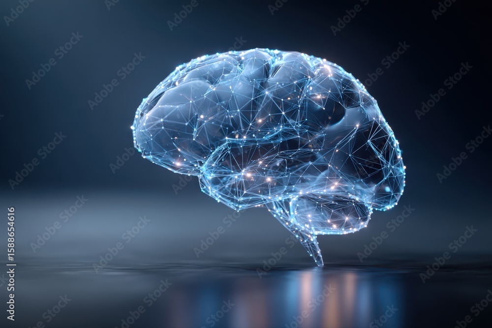 Poster this futuristic wireframe illustration depicts a brain with connected lines and dots, symbolizing co