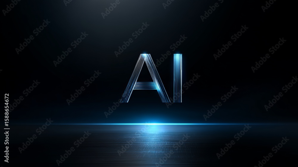 Poster futuristic ai text with blue lines illuminating the dark background representing artificial intellig