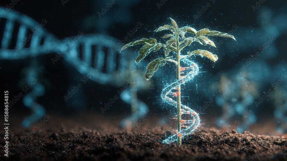 Poster a seedling growing with a dna helix wrapping around it symbolizing biotechnology advancement and gen