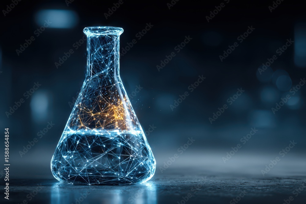 Poster a futuristic wireframe illustration of a glass bottle with a glowing light inside, creating a mesmer