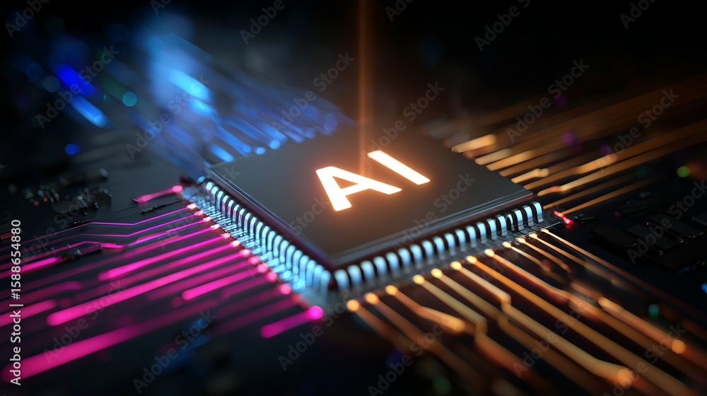 Aufkleber the future is now: conceptual image of an ai microchip with vibrant circuitry radiating innovation a