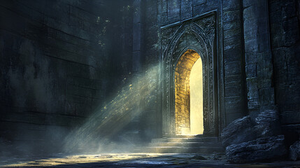 Fototapeta premium Stone archway with ornate frame illuminated by light steps lead up to the entrance