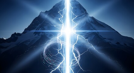 A powerful lightning bolt strikes a snow-capped mountain peak, creating a dramatic, celestial scene.