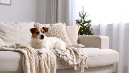 Cozy dog on a light beige couch with Christmas decorations