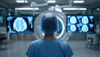 Neurosurgeon intently studies brain scan images displayed on large monitors in a modern operating room, preparing for a complex procedure.