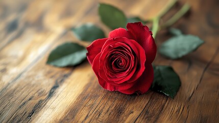 Single Red Rose on Old Wooden Table Vintage Valentine's Day Soft Focus Asset.