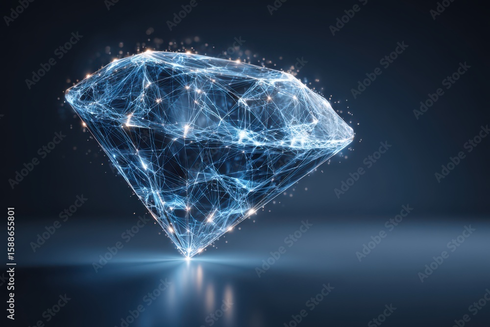 Poster a futuristic wireframe illustration of a glowing diamond with lights on it, creating a mesmerizing e
