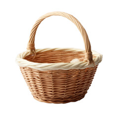 Obraz premium A beautifully woven wicker basket with a soft fabric lining. Perfect for carrying fruits, flowers, or crafts. Isolated on a white background for a clean presentation.
