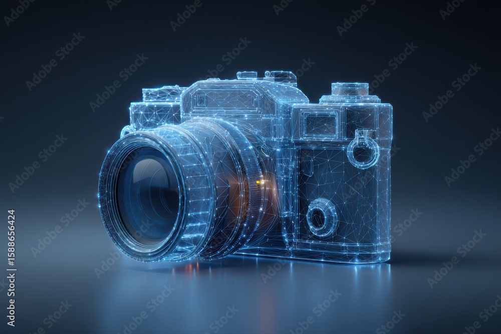 Poster a modern camera with a futuristic wireframe overlay on its design, blending technology and photograp