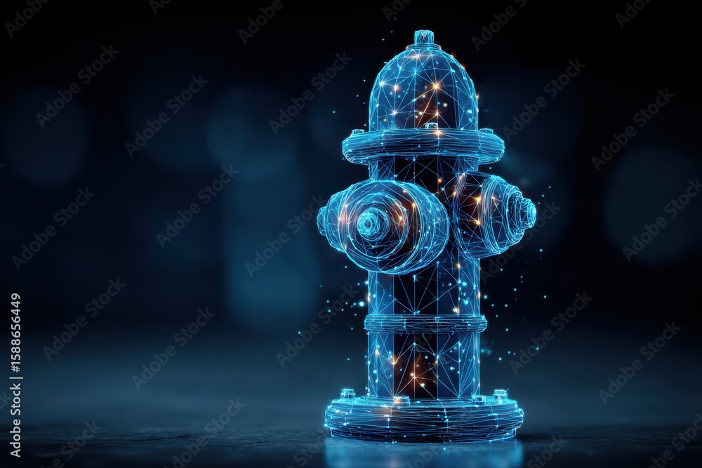 Poster this futuristic wireframe illustration features a blue fire hydrant with a camera mounted on top, cr
