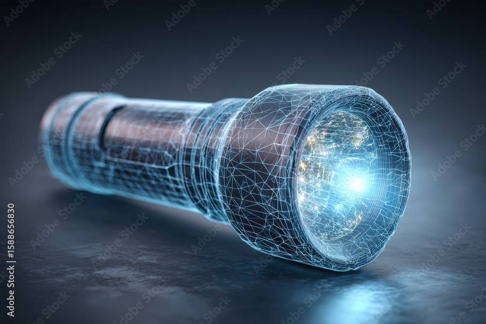 Poster a close up of a camera lens with a beam of light emitting from it, creating a futuristic and dynamic
