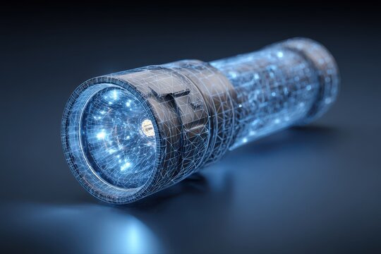 A futuristic wireframe illustration of a flashlight with a wire wrapped around it, emitting a bright light