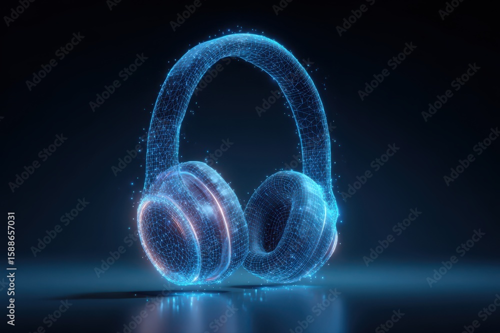 Poster a futuristic wireframe illustration of a pair of headphones with glowing lines and dots, creating a 
