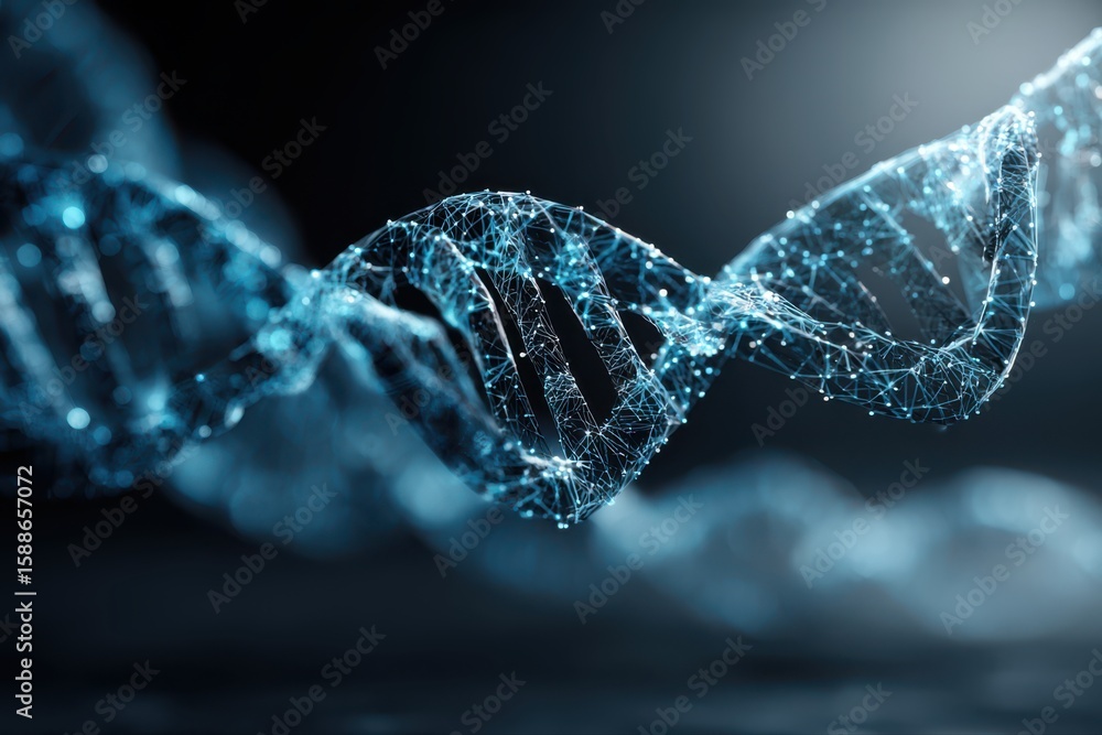Poster futuristic wireframe illustration representing genetic code with a dna strand pattern in a digital f