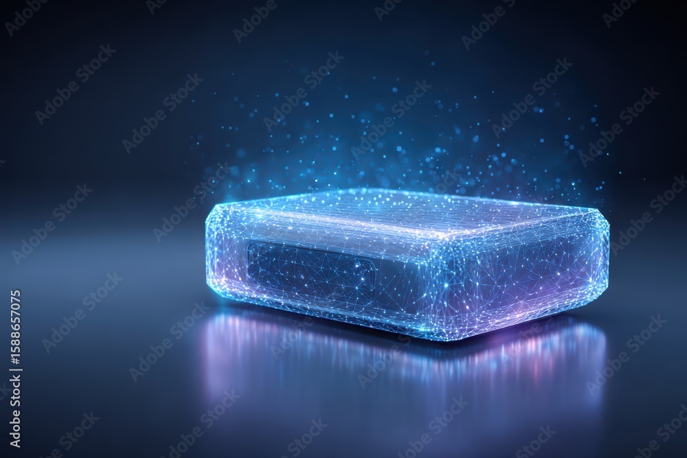 Poster an abstract futuristic wireframe illustration of a holographic glowing box emitting a soft light, cr