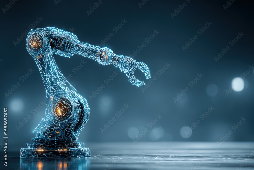 Poster a futuristic robot standing on a table with its arm raised in a wireframe illustration.