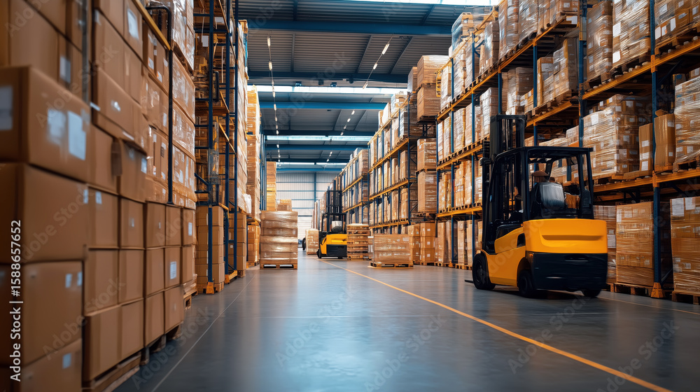 Poster efficient forklift operation in large warehouse with tall stacks of cardboard boxes and high ceiling