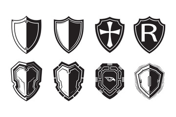 Diverse shield emblems with black and white designs crest heraldry