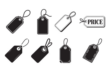 Black price tags with strings and white outlines label sale