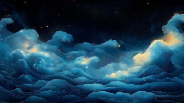 Dreamy animated night sky with glowing falling stars over swirling blue clouds &ndash; fantasy video background with dark celestial color palette for meditation visuals, story intros, spiritual content