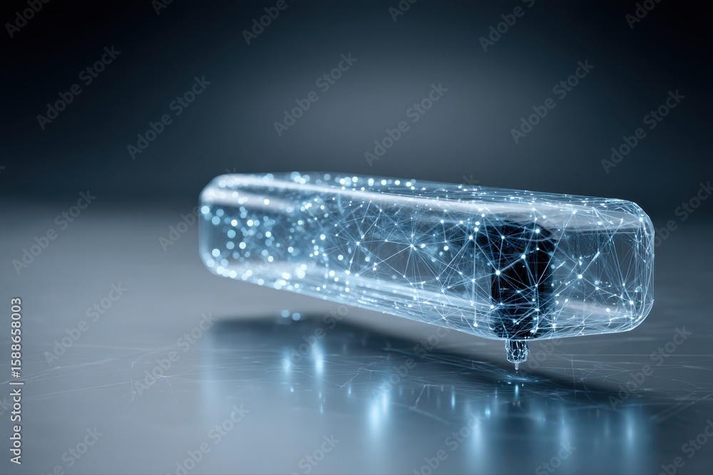 Poster a futuristic wireframe illustration of a cell phone with a network of dots, representing connectivit