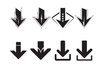 Black down arrows with varied designs and styles symbol graphic