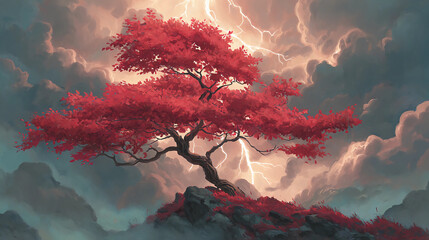 Thunderstorm over red leaf tree, digital painting, fantasy style, soft lighting