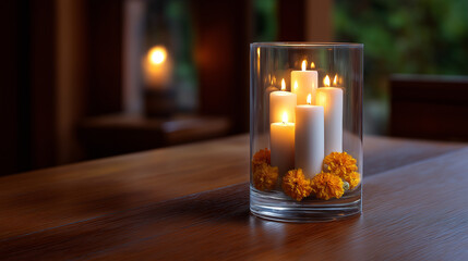 Minimalist wooden table set with modern glass candleholder and marigold petals centerpiece