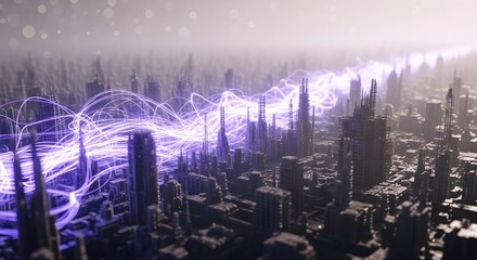A futuristic cityscape, illuminated by ethereal purple energy lines, conveying a sense of technological advancement and interconnectedness.