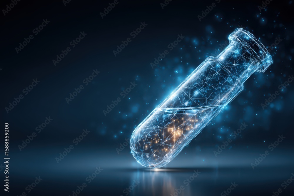 Poster a futuristic wireframe illustration of a glowing light inside a bottle, creating a mesmerizing and u