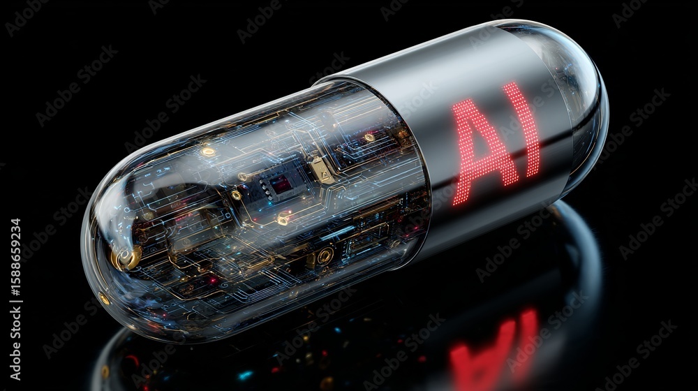 Poster futuristic ai capsule containing electronic circuit boards and illuminated red text on a reflective 