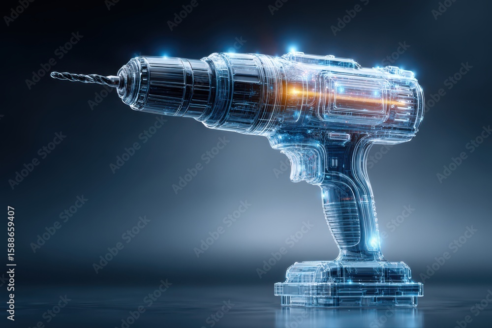 Poster 3d rendering of a driller, created with wireframe illustration. the design showcases advanced techno