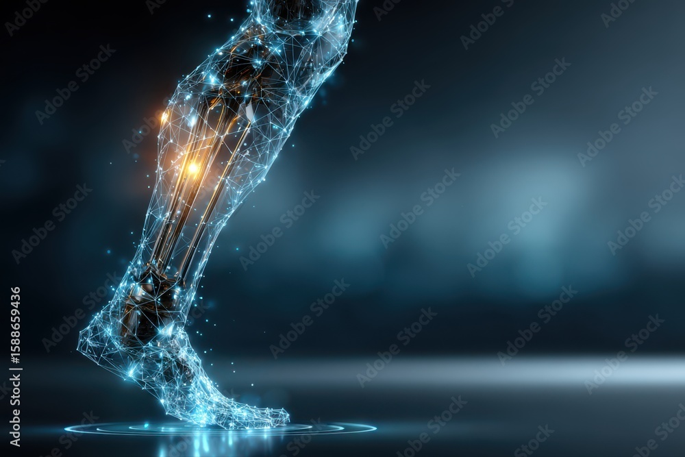 Poster a futuristic wireframe illustration of a robotic leg emitting a glowing light. the intricate design 