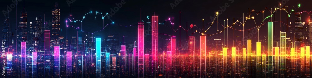 Poster vibrant data driven innovation with gradient chart over cityscape for financial analysis and trends