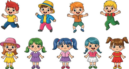 Cartoon children characters in playful poses, diverse boys and girls illustration, multicultural kids design for education, fun, creativity, learning