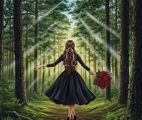 A mural painting in a realistic fantasy style. A girl in a black dress, carrying a bouquet of red roses, walks towards a pine forest.