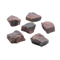 A collection of various natural stones, showcasing unique textures and colors, arranged artistically against a white isolated background, perfect for educational or decorative use.