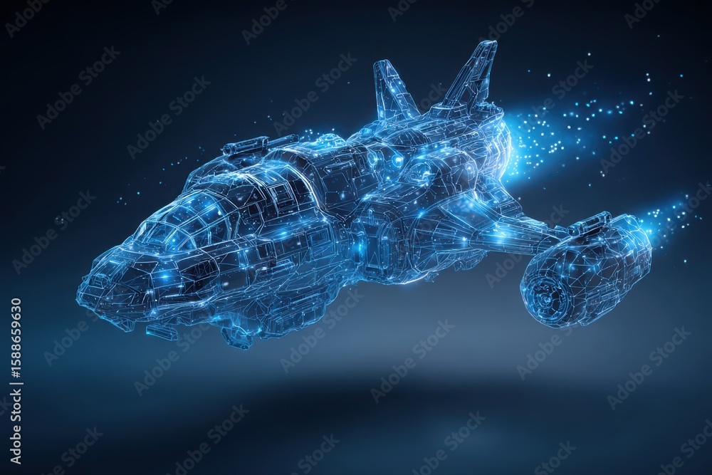 Poster this stock image features a futuristic flying spaceship with blue lines and dots, creating a sleek a