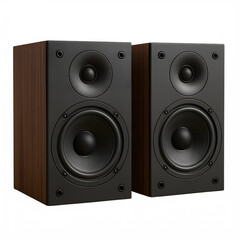Fototapeta premium Pair of Wooden Bookshelf Speakers: High-fidelity bookshelf speakers in rich wood finish, perfect for home audio setup.