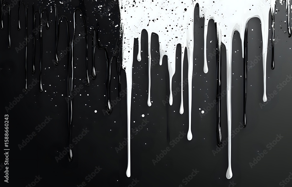 Poster white paint drips flowing down on black background creating dramatic contrast effect with splatter t