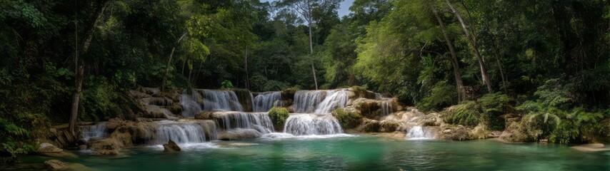 Panoramic waterfall adventure lush jungle hdr 360 degrees nature scene tranquil oasis