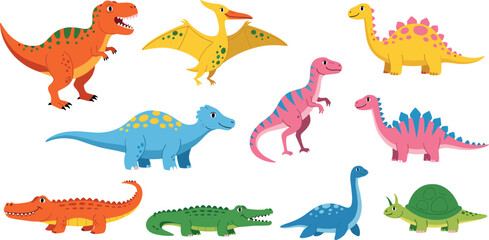 Cartoon dinosaurs and reptiles collection, cute prehistoric animal characters, colorful kids illustration for education, fun drawing, nature, fantasy