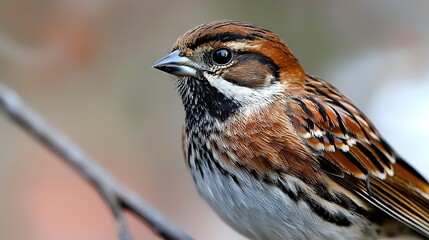 Close-up profile view of song sparrow perched on branch showing detailed feather patterns in brown, black and white plumage with distinctive sharp beak.