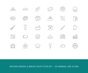 Artisan Bakery and Bread Shop Line Icon Set – 30 Minimal Outline Icons for Homemade Baking, Pastry Tools, and Bakery Equipment Design