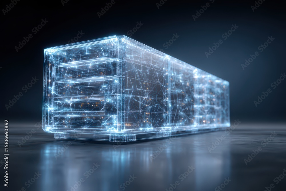 Poster a futuristic wireframe illustration of a large glass container with a network on it, showcasing a mo