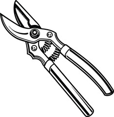 Isolated metal garden tools, including a sharp cutting knife, pliers, and scissors, are displayed on a white background, offering a multi-tool illustration