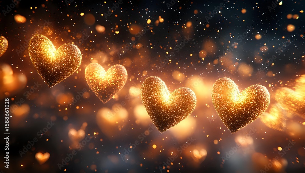 Aufkleber glowing golden hearts floating in dark space with magical sparkles and bokeh lights creating romanti