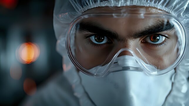 Medical professional wearing protective goggles, face mask and hazmat suit looking directly at camera with intense blue eyes against dark background with bokeh lights. - Powered by Adobe