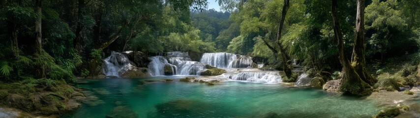 Fototapeta premium Panoramic 360 degrees hdr waterfall landscape nature scene serene environment high-definition